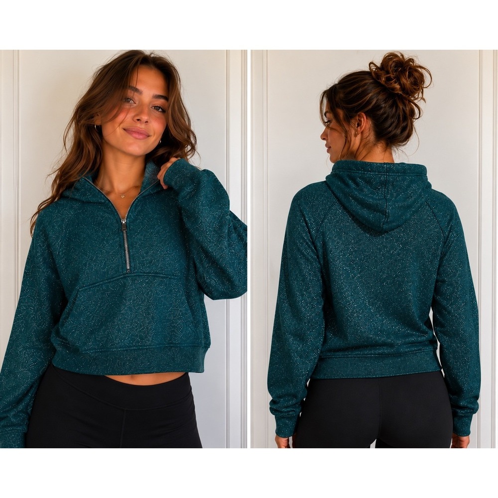 Lululemon Scuba Oversized Half Zip Hoodie Womens M/L Teal Green Sparkle